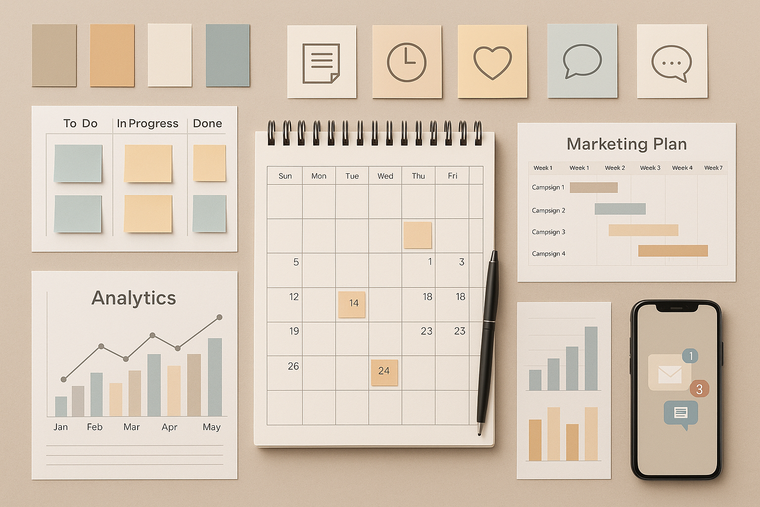 Pianificazione editoriale su scrivania con calendario e grafici